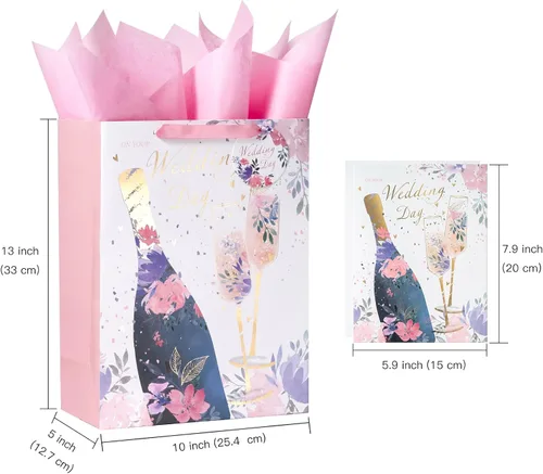 Vista 2 de WRAPAHOLIC Bolsa de regalo de boda grande de 13" con tarjeta y papel de seda - Copa de champán y Cheers