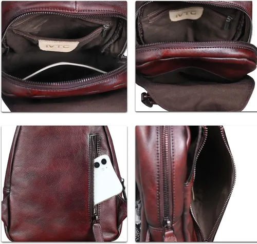 Vista 7 de Bolso bandolera de cuero genuino para hombres y mujeres, mochila vintage de cuero real, bolsa cruzada de hombro, bolsa de pecho