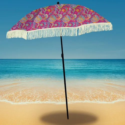 Vista 44 de Sombrilla de playa para arena, resistente al viento, con bolsa de anclaje de arena, portátil, flecos, bolsa de mezclilla, cuenta con parte inferior