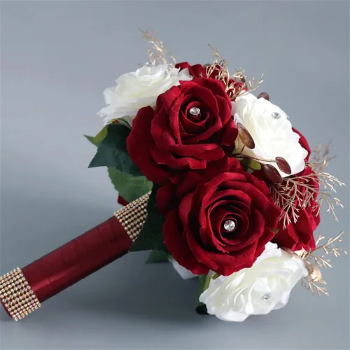 Vista 2 de Ramos de Boda para Novia y Dama de Honor, Ramo de Rosas Artificiales en Vino Rojo y Blanco para Decoración de la Iglesia y el Hogar