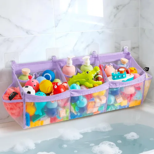 Vista 9 de Extra Large Bath Toy Organizer with 3 Compartments and Multiple Pockets, Quick-Dry Mesh Bathtub Storage for Kids' Toys (Blue)