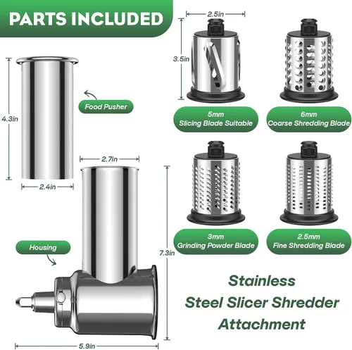 Vista 5 de Accesorio Rebanador Triturador de Acero Inoxidable para Batidora de Pie KitchenAid, Incluye Rallador de Queso, Polvo Molido, Rebanador Triturador