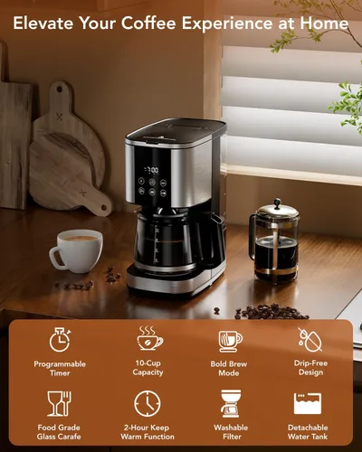 Vista 2 de COWSAR Cafetera Programable de 24 Horas - Máquina de Café de Goteo con Capacidad de 10 Tazas, Modo de Elaboración Fuerte, Pausa Automática, Función