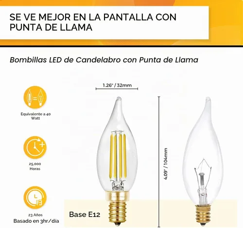 Vista 2 de Hizashi Bombilla de candelabro E12 de 40 W, bombillas LED de candelabro regulables CRI 90+, 4 W, 450 lm, 5000 K, luz blanca diurna, punta de llama