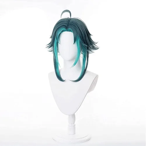 Vista 3 de Lwiuentx Genshin Impact Cosplay Xiao Short Drak Green Blue Peluca de pelo sintético para hombres y mujeres, fiesta de Halloween + gorra de peluca