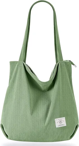 Vista 18 de KALIDI Bolsa Tote de Pana para Mujer con Cremallera Bolsa de Mano Casual Tote Bolsa de Hombro de Gran Capacidad con Bolsillos 1 negro y 1 blanco.