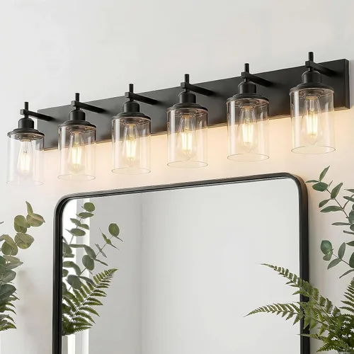 Vista 16 de Lanhall Lámpara de baño de 3 luces, estilo granja, vintage, sobre espejo, de metal pintado en madera y negro con pantalla de cristal, enchufe E26