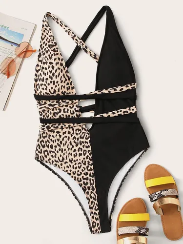 Vista 3 de SweatyRocks - Traje de baño entero, traje de baño sexy para mujer, con tirantes cruzados, nudo frontal y escote profundo en V, traje de baño de 1