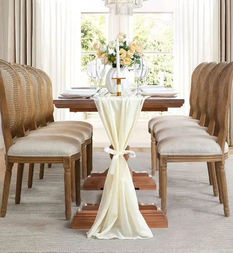 Vista 8 de WARM HOME DESIGNS Camino de mesa beige de 35 x 156 pulgadas para decoración de mesa de boda. Camino de mesa de gasa premium para decoración rústica