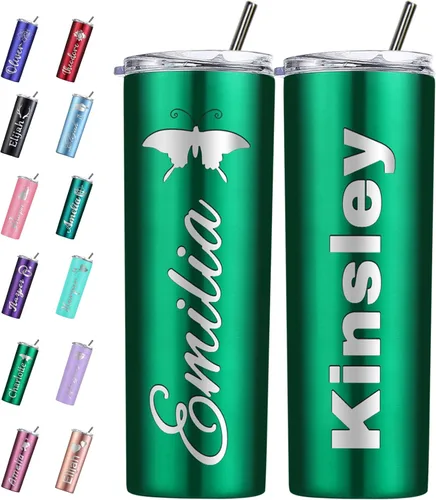 Vista 12 de Vaso personalizado personalizado con nombre grabado y logotipo, vasos delgados personalizados con tapa y pajita, vaso aislado de acero inoxidable