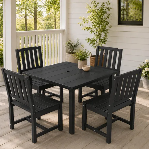 Vista 2 de Juego de comedor al aire libre HDPE para 4, mesa cuadrada y Negro