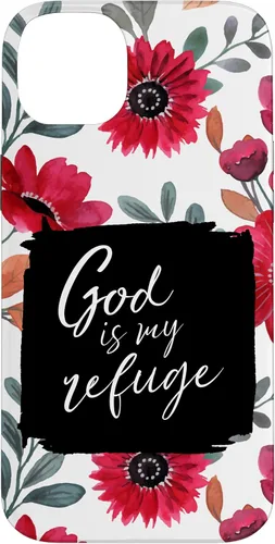 Vista 15 de God is My Refuge - Carcasa para iPhone 16, diseño de flores rojas con versículo bíblico del Salmo 91