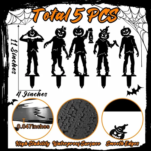 Vista 4 de 5 carteles de metal de Halloween para patio, decoraciones al aire libre, arte de metal negro, estacas de patio, esqueleto reutilizable, letrero