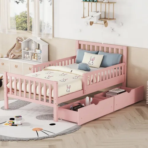 Vista 10 de Base de cama baja de madera para niños, cama de plataforma de madera con cabecera de 2 niveles, luz LED integrada, adecuada para niños y niñas