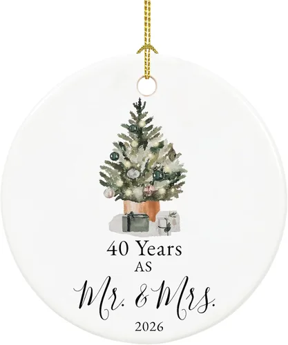 Vista 18 de Adorno de primer aniversario para parejas, recuerdo de boda para 1 año como Sr. y Sra., adorno de Navidad de cerámica con cinta y caja