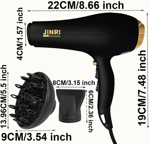 Vista 2 de JINRI Secador de pelo – Secador de pelo de alta velocidad CA negativo iónico de alta velocidad para salón y uso personal – Potente, con difusor
