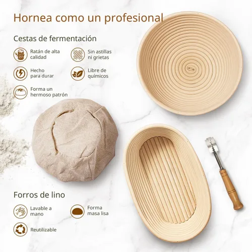 Vista 2 de BAVIFY Kit Inicial para Masa Madre, Juego de Cestas Redondas de 9" y Ovaladas de 10" para Prueba de Pan Banneton, Suministros para Hornear Pan