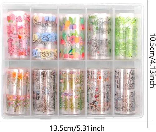 Vista 2 de 10 rollos de calcomanías de transferencia de flores, hojas de lámina de uñas con patrón de pintura de tinta de bambú para decoraciones y suministros