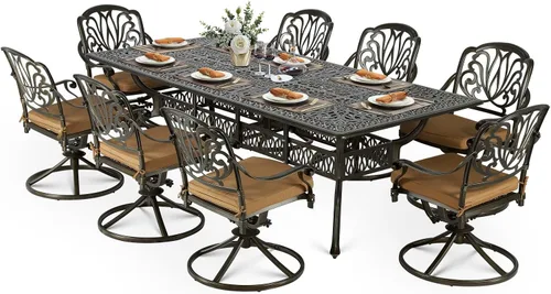 Vista 9 de VIVIJASON Juego de comedor al aire libre de 9 piezas, juego de mesa y sillas de patio de aluminio fundido para 8, incluye mesa rectangular de 94.5