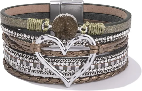 Vista 17 de Pulseras de cuero con corazón grueso, estilo bohemio, apilable, lindo Negro