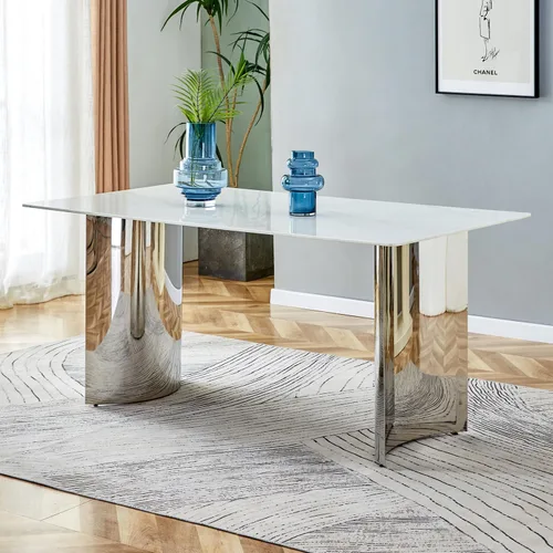 Vista 7 de gopop Mesa de comedor de altura de barra, mesa de comedor de mármol para mesa texturizada marmolizada de 6,1.77 pulgadas de grosor con base de MDF