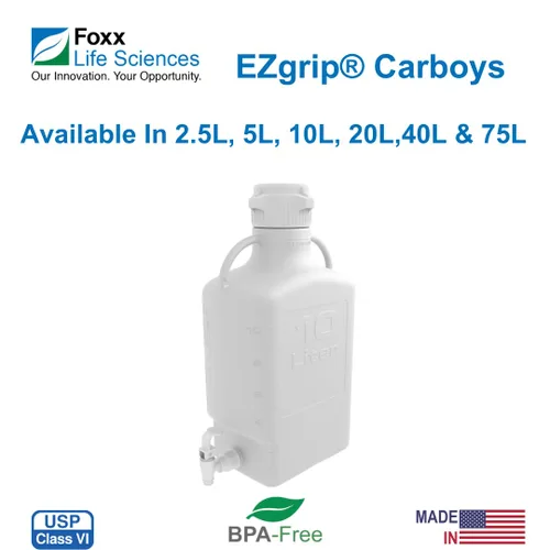 Vista 4 de Foxx Life Sciences 152-2211-OEM EZgrip HDPE Space Saving Carboy with Leakproof Spigot, 83mm VersaCap, 10L Capacity