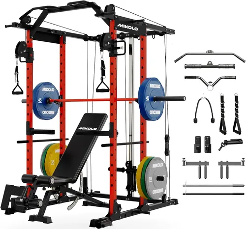 Vista 10 de Mikolo Jaula de Potencia, Rack de Potencia con Sistema de Cruce de Cables, 1500LBS Rack para Sentadillas con Sistema de Jalón LAT, Jaula de Negro