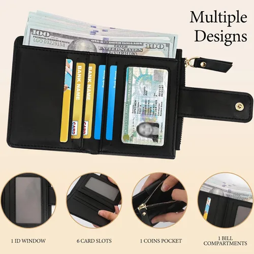 Vista 3 de Unaone Cartera pequeña para mujer, cartera de cuero con ventana de identificación y bolsillo para monedas con cremallera, Negro -, Moda