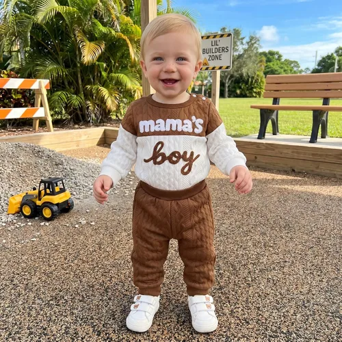 Vista 3 de Conjunto de 2 piezas de ropa para bebé niña y niño, sudadera con letras de mamá y niño, conjunto de 2 piezas White Brown