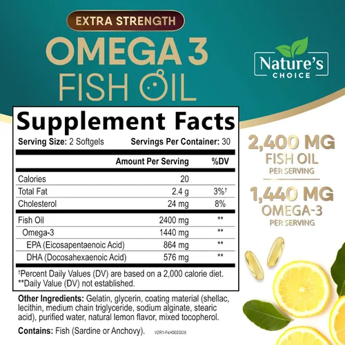 Vista 2 de Suplementos de aceite de pescado Omega 3 – 2400 mg de aceite de pescado por porción – Omega-3 de triple fuerza con ácidos grasos EPA y DHA – Apoyo