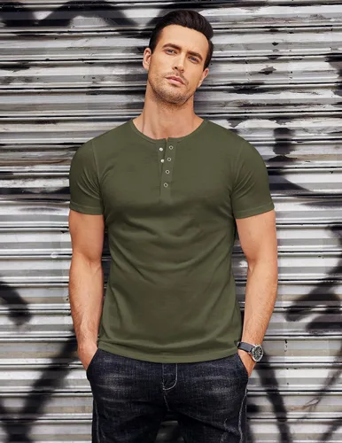 Vista 2 de COOFANDY Camisas Muscle Henley para hombre, paquete de 2 unidades, de manga corta, básicas, a la moda