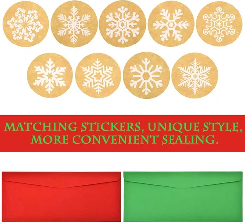 Vista 3 de 100 Piezas Sobres Número 10 Sobres para Tarjetas de Regalo con 200 Piezas Calcomanías de Copos de Nieve de Papel Kraft de Navidad Calcomanías