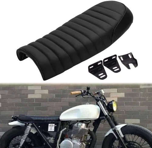 Vista 5 de Sillín universal plano Brat Vintage para motocicleta, asiento de estilo Cafe Racer para CB Yamaha XJ (Negro)