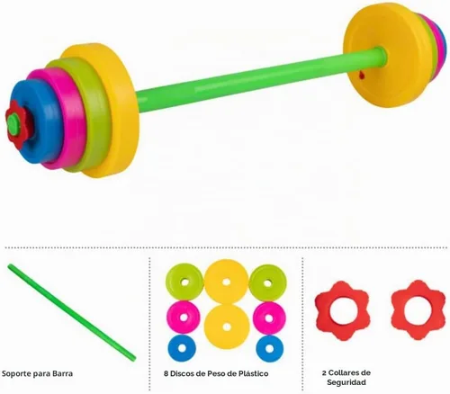 Vista 5 de Juego de Pesas para Niños - Barra con 8 Placas Ajustables - Gimnasio de Juego Interior para Niños Juego de Entrenamiento para Niños Pequeños