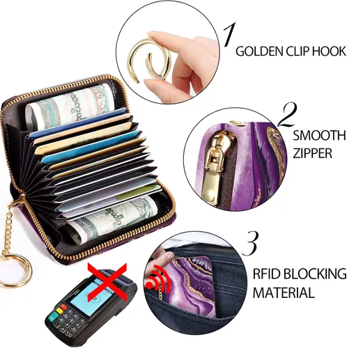 Vista 5 de Tarjetero RFID para tarjetas de crédito, cartera pequeña para mujer con llavero con cremallera, divertido estampado de cuero para tarjetas