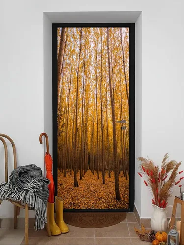 Vista 7 de artfanke Murales 3D de bosque caducifolio amarillo para puerta, 30.3 x 78.7 pulgadas, calcomanías autoadhesivas para puerta, póster de bricolaje