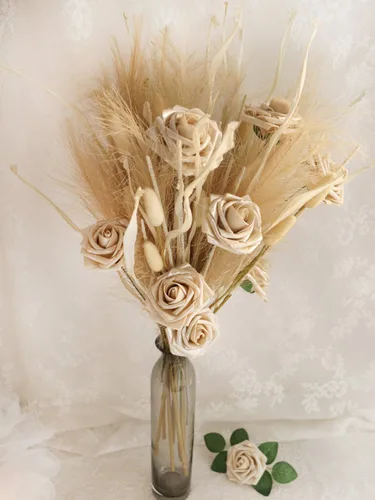 Vista 4 de D-Seven Flores artificiales, 25 rosas de espuma de oro champán con tallo para ramo de boda, telón de fondo de fiesta al aire libre, centros de mesa
