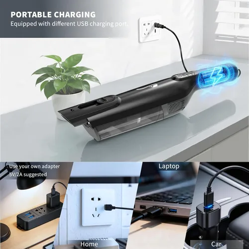 Vista 4 de Aspiradora de Mano Inalámbrica, Aspiradora de Mano Portátil y Ligera con Luz LED, Aspiradora de Mano Recargable con Vaciado de Un Toque, Potente