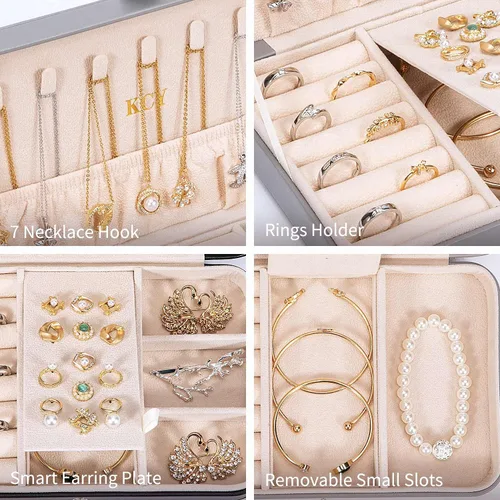 Vista 4 de KCY Joyero para mujeres y niñas, estuche organizador de joyas de viaje pequeño, de piel sintética, portátil, cajas de almacenamiento para anillos