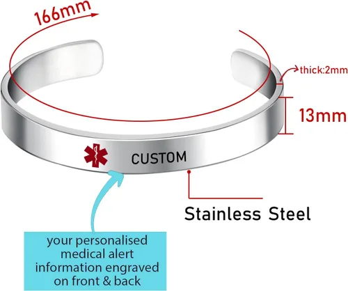 Vista 3 de LoEnMe Jewelry Pulseras de alerta médica personalizadas para hombres y mujeres, personalizable, grabado gratuito, acero inoxidable, pulsera