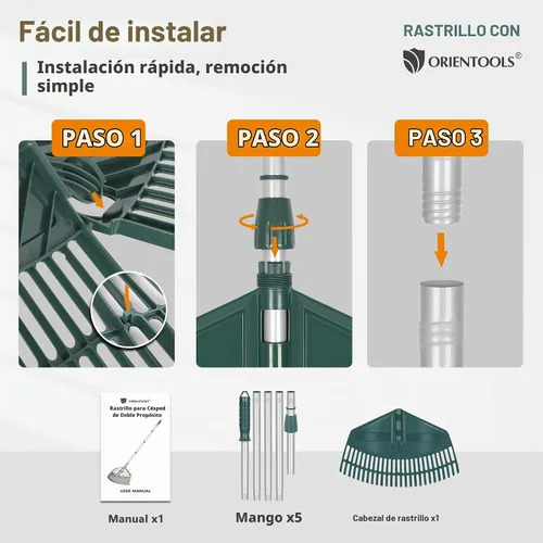 Vista 7 de ORIENTOOLS Rastrillo de hojas ajustable de 69 pulgadas con mango de 5 secciones, cabezal de plástico duradero de 26 dientes, diseño de doble uso que