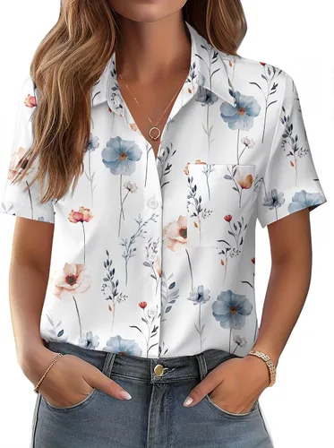 Vista 15 de Zeagoo Blusa de manga corta con botones para mujer, con bolsillo en el busto, para negocios, casual, para el trabajo, trajes de verano