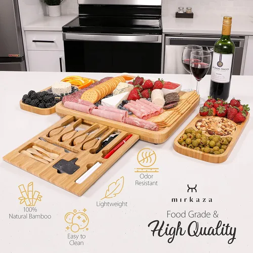 Vista 4 de Juego de tabla de queso de bambú y cuchillos, juego de tablas de madera para charcutería con marcador de copa de vino, bandeja de tablas de queso