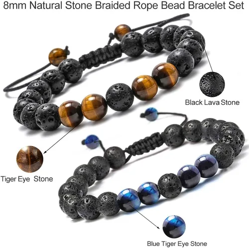 Vista 6 de M MOOHAM - Pulseras de piedra natural para hombre, ojo de tigre de 516 de pulgada, ágata mate, piedra de lava, regalos para niños y adolescentes