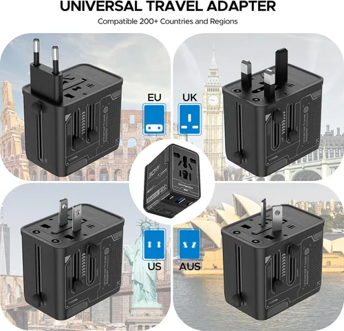 Vista 3 de Adaptador de viaje universal de 30 W GaN, KEY POWER Adaptador de corriente internacional todo en uno con 2 USB-C y 1 USB-A, convertidor de enchufe