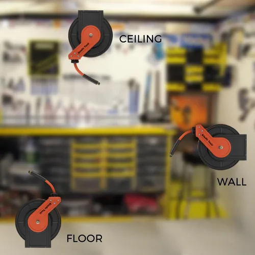 Vista 5 de Giraffe Tools TA10B - Carrete retráctil para manguera de aire de 25 pies, montaje en pared, compresor de aire de acero resistente, rebobinado