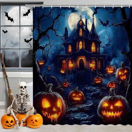 Vista 3 de Halloween Shower Curtain Spooky Haunted House Scene with Glowing Pumpkins Full Moon Bats Gothic Dark Forest Castle Bathroom Polyester Curtains Set