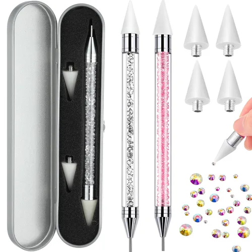 Vista 8 de 2 piezas de lápiz de cera con punta de diamante de imitación y pluma de punteado, selector de gemas de diamante de imitación de doble punta, lápiz