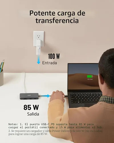 Vista 5 de Anker 555 Hub USB-C (8 en 1), con suministro de energía de 85W, puerto HDMI 4K 60Hz, USB C de 10Gbps y 2 puertos de datos A, lector de tarjetas