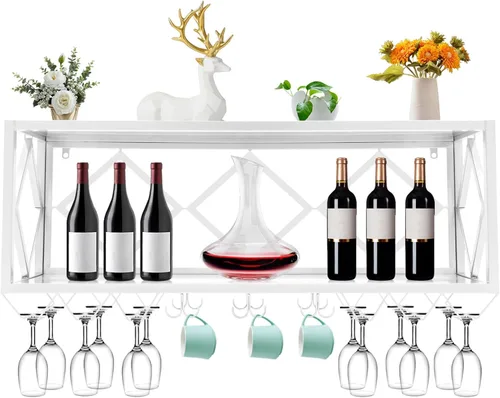Vista 13 de Estante pesado para vino montado en la pared, soporte de doble capa para copas de vino de 59.06 pulgadas, estante colgante de metal industrial